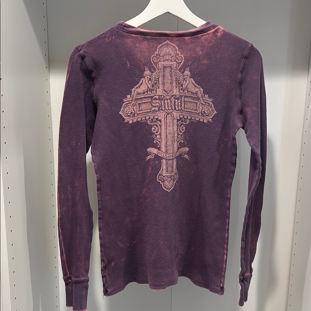 Sinful Purple Distressed Thermal Tunic with Cross Graphic